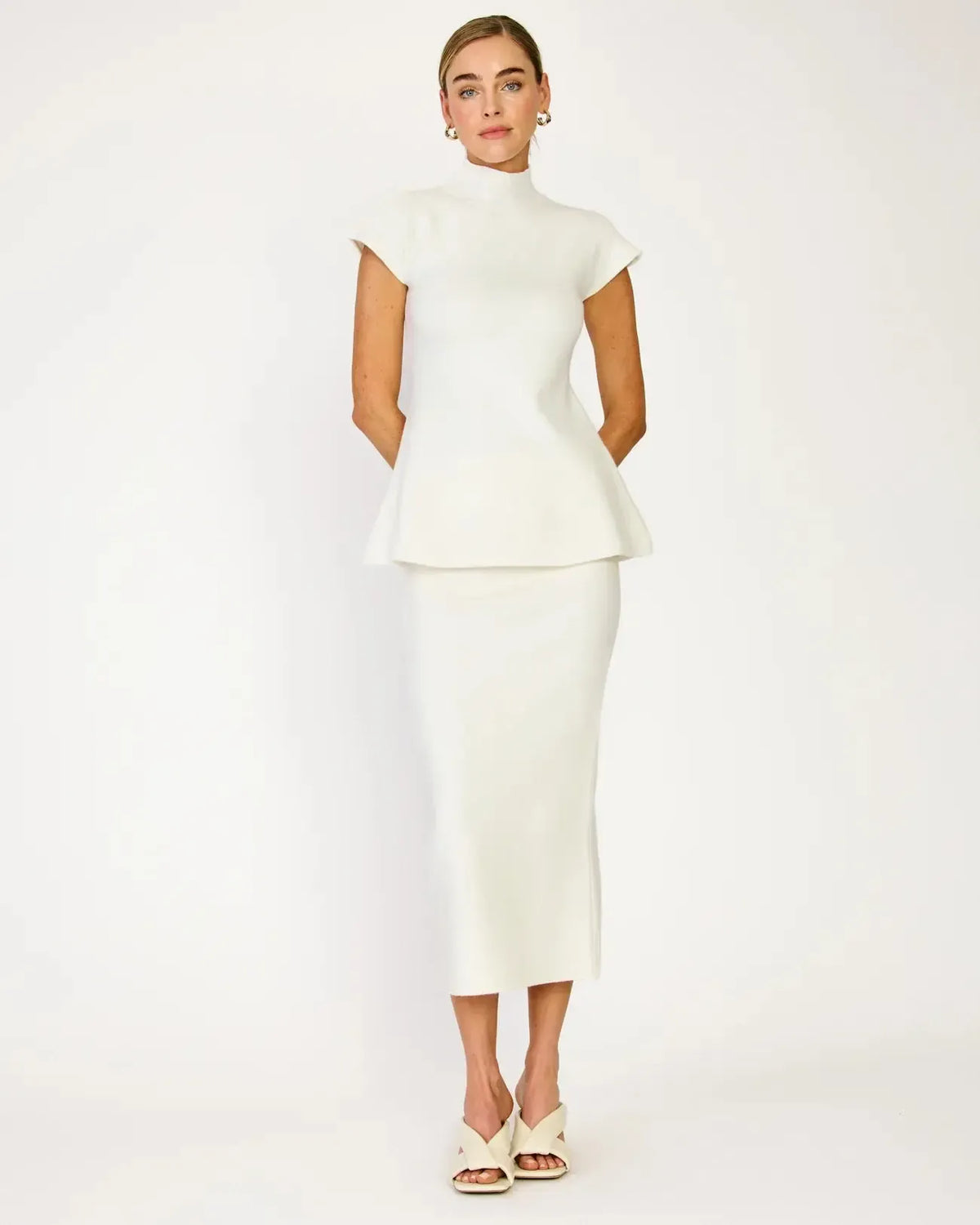 Line + Dot Druna Knit Peplum Top- Ivory-Hand In Pocket