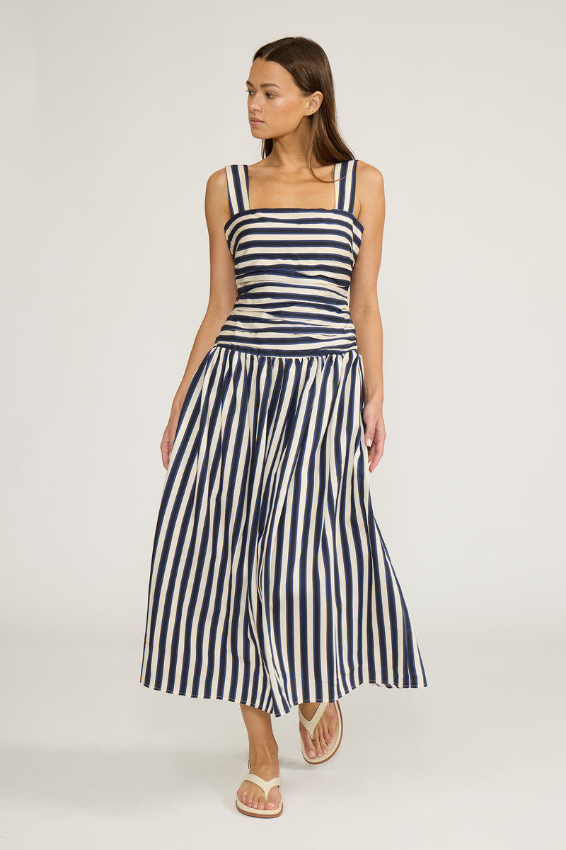 Lucy Paris Georgie Gathered Dress - Navy Stripe-Hand In Pocket