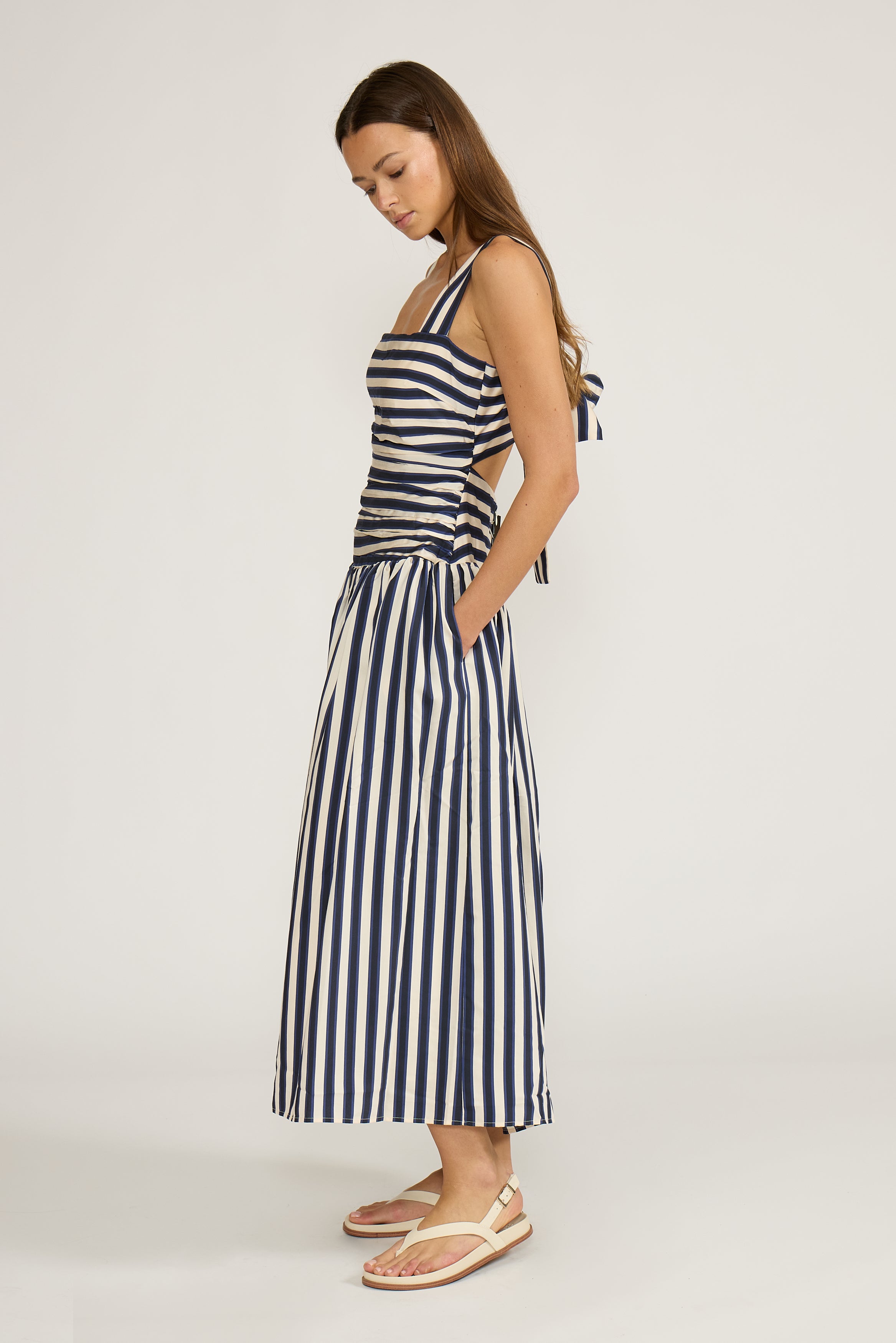 Lucy Paris Georgie Gathered Dress - Navy Stripe-Hand In Pocket
