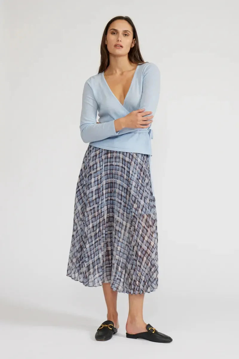 Lucy Paris Talia Pleated Skirt- Blue Plaid-Hand In Pocket