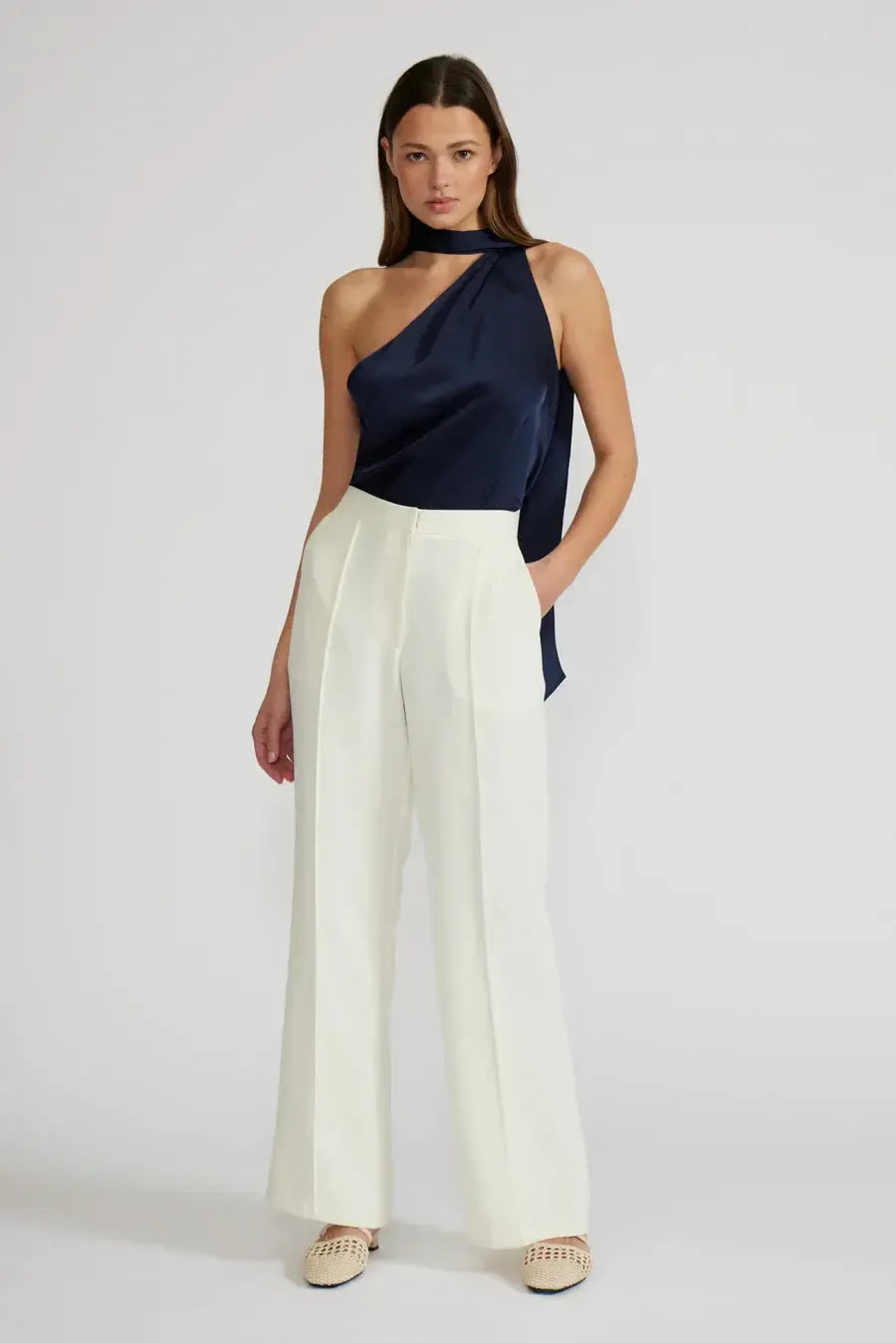 Lucy Paris Susan Tie Neck Top- Navy-Hand In Pocket