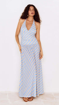 MINKPINK Sancia Halter Neck Midi MIDI Dress - Blue/White Stripe-Hand In Pocket
