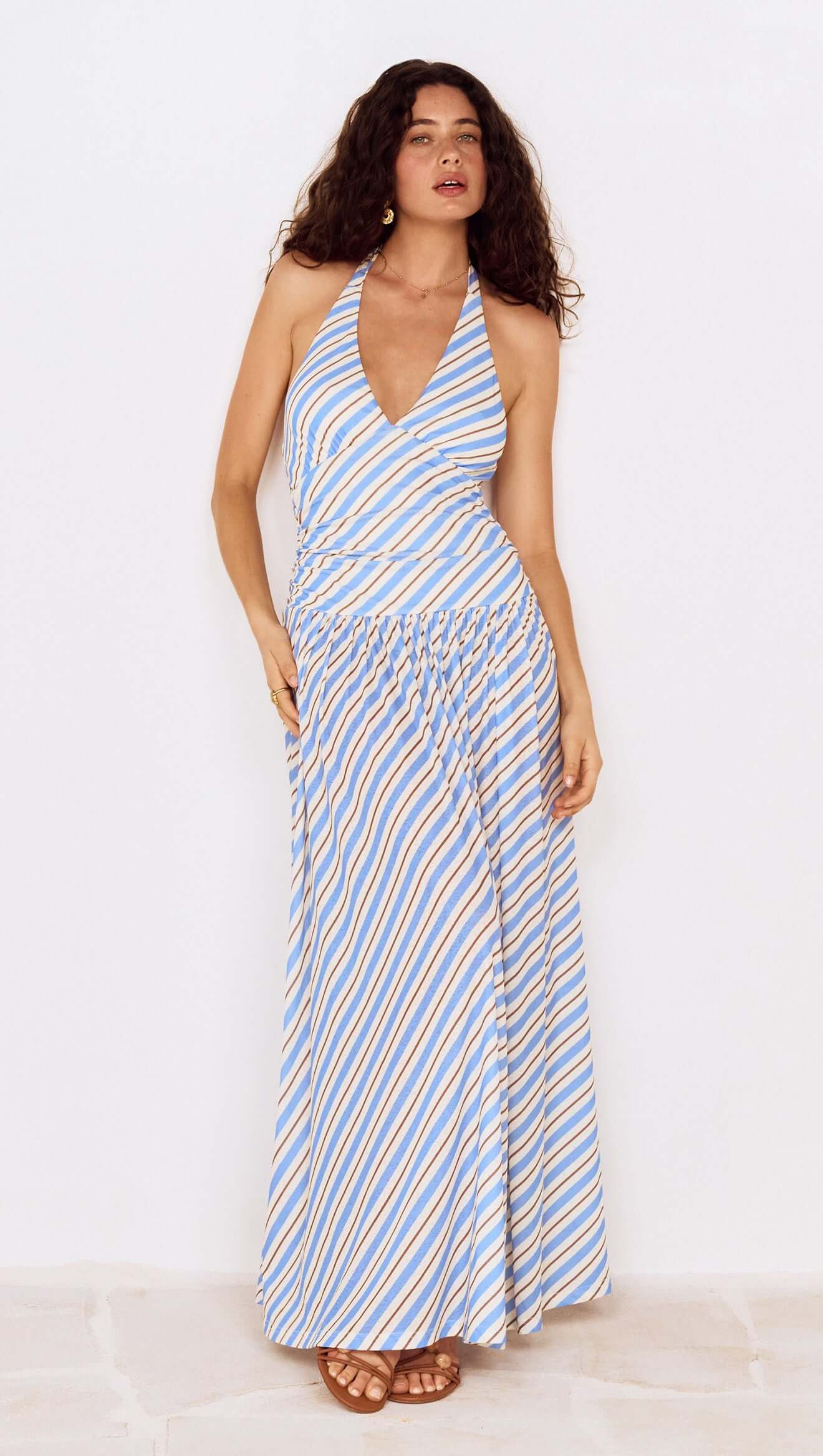 MINKPINK Sancia Halter Neck Midi MIDI Dress - Blue/White Stripe-Hand In Pocket