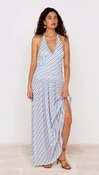 MINKPINK Sancia Halter Neck Midi MIDI Dress - Blue/White Stripe-Hand In Pocket