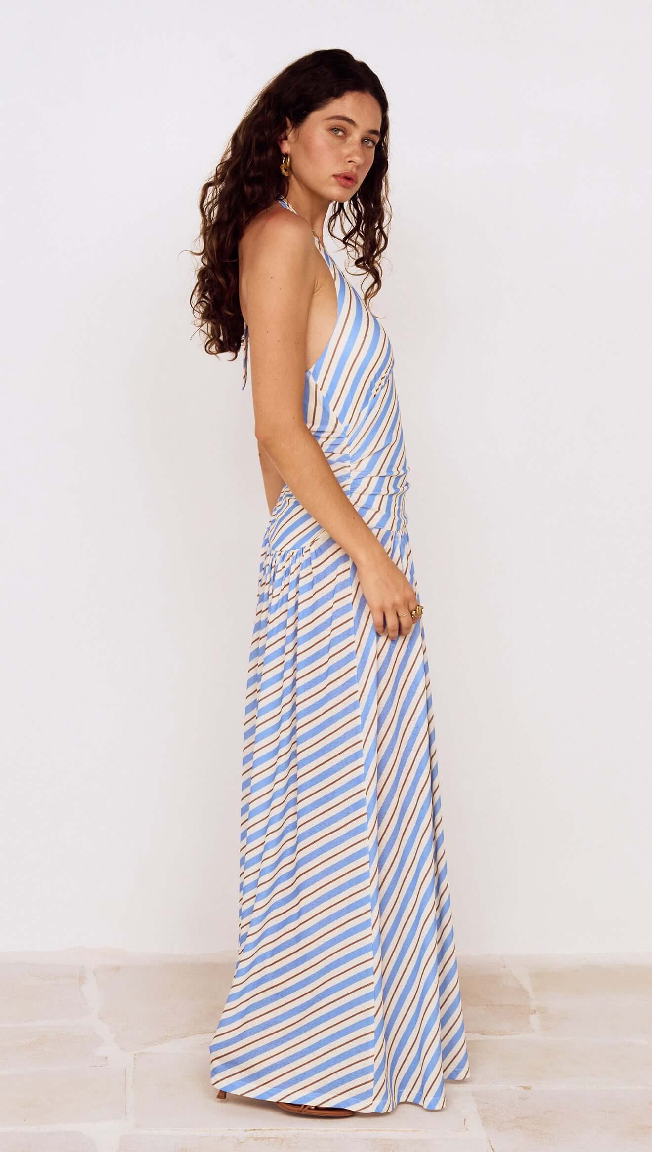 MINKPINK Sancia Halter Neck Midi MIDI Dress - Blue/White Stripe-Hand In Pocket