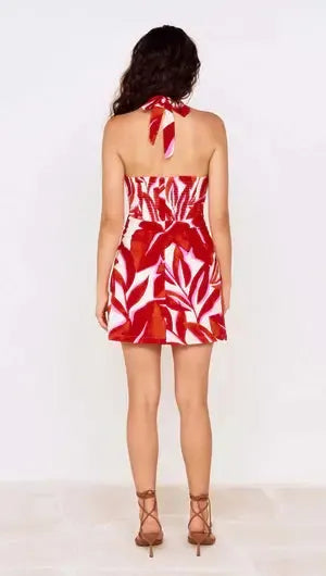 MINKPINK Ravelo Halter Mini Dress - Red/White Leaf-Hand In Pocket