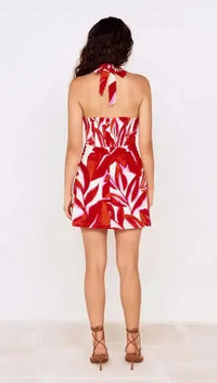 MINKPINK Ravelo Halter Mini Dress - Red/White Leaf-Hand In Pocket