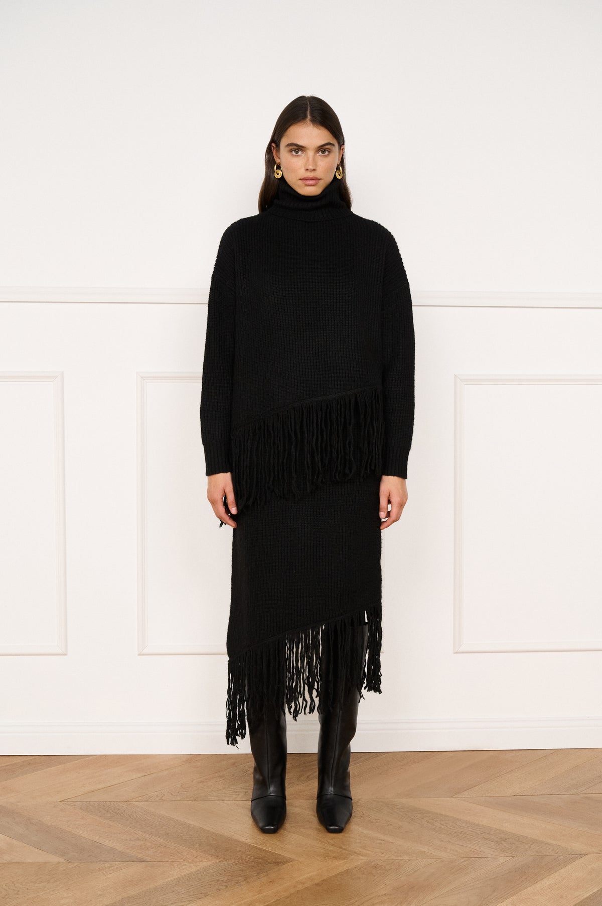 Minkpink Stevie Fringed Knit Midi Skirt - Black-Hand In Pocket