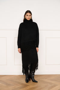 Minkpink Stevie Fringed Knit Midi Skirt - Black-Hand In Pocket