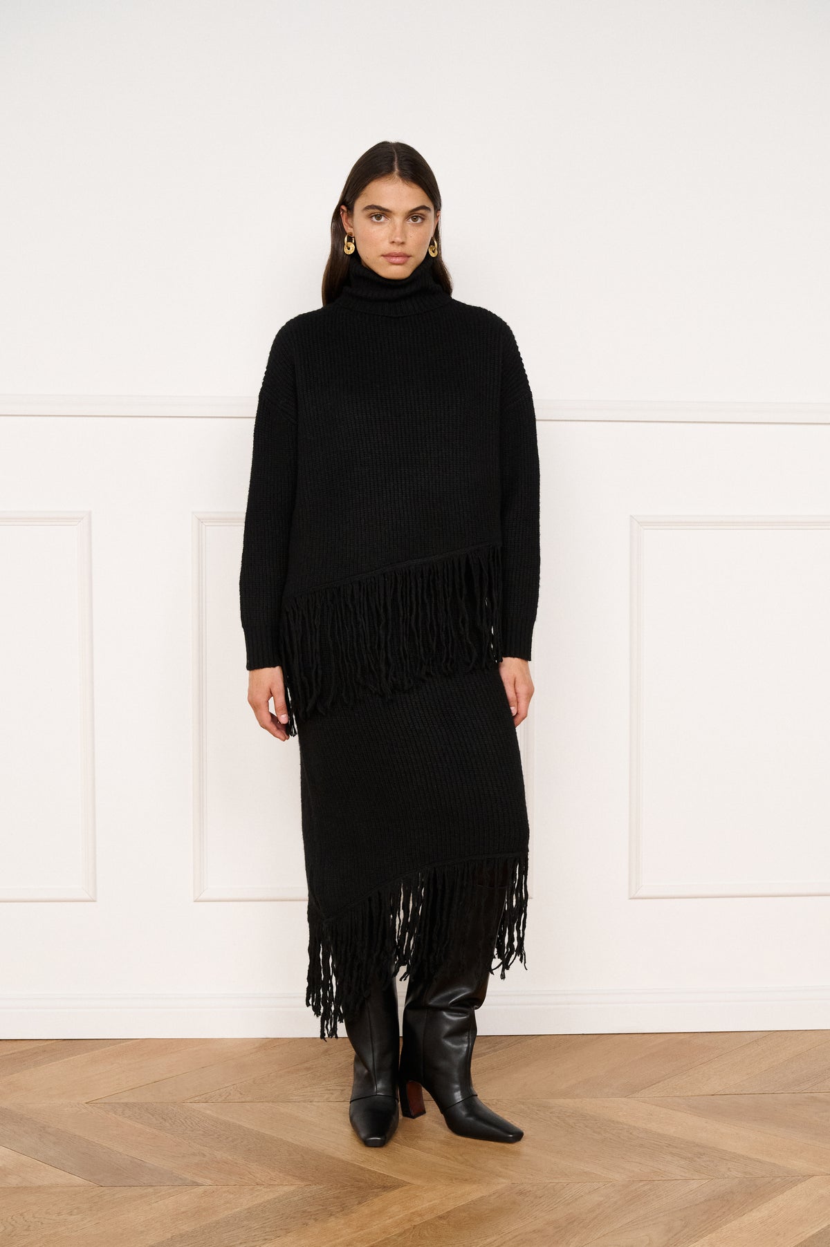 Minkpink Stevie Fringed Knit Midi Skirt - Black-Hand In Pocket