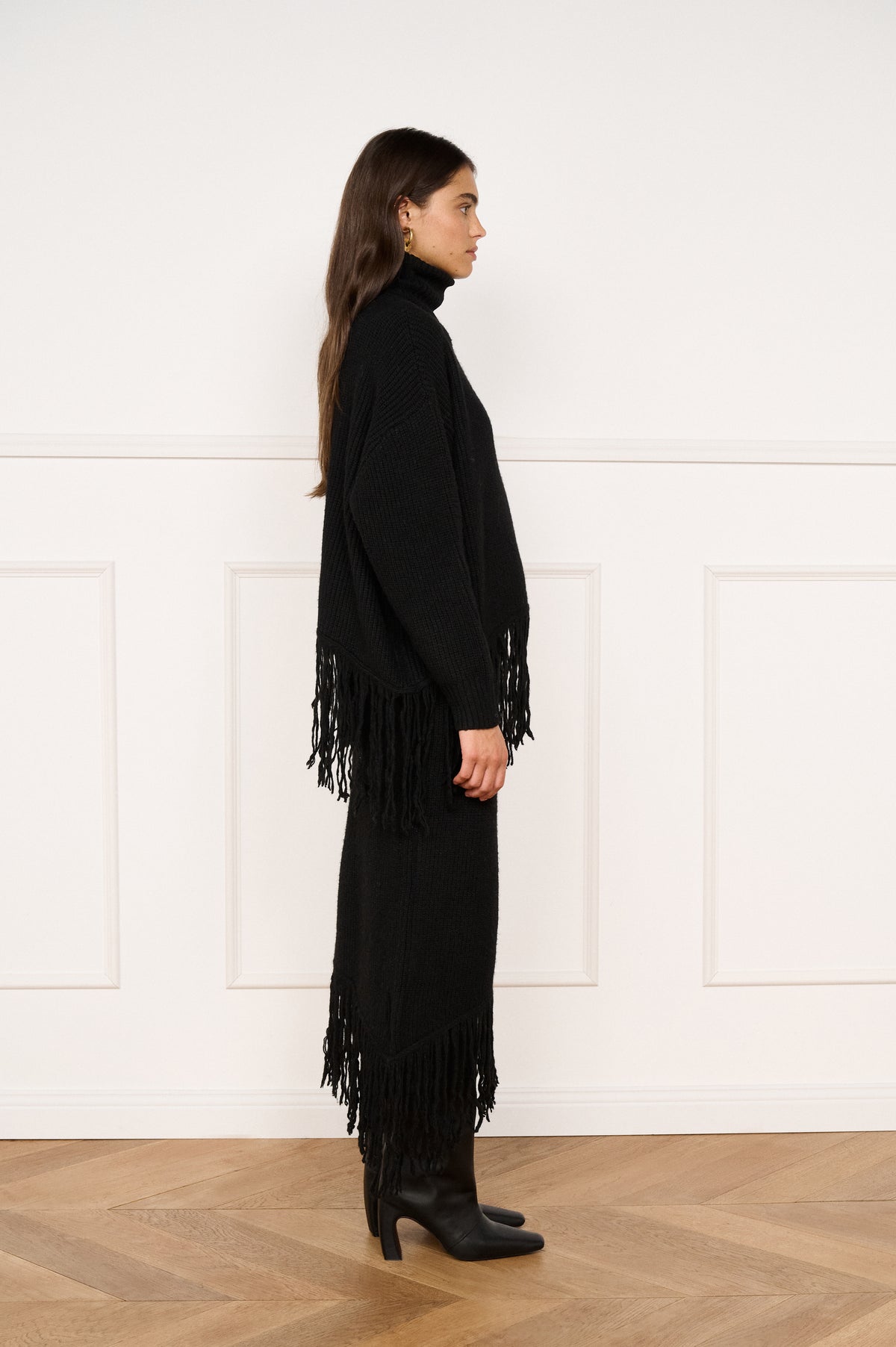 Minkpink Stevie Fringed Knit Midi Skirt - Black-Hand In Pocket