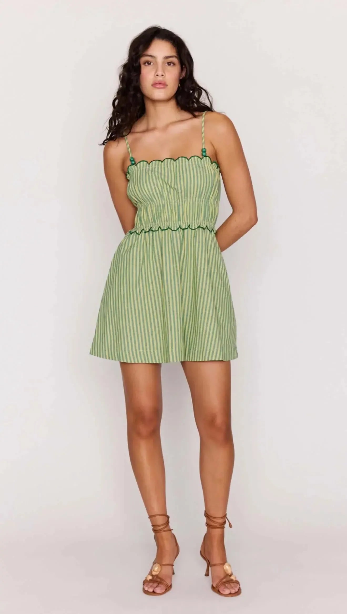 pink green stripe linen dress Arabella Linen Blend Dress - Pink, Rich Emerald Stripe