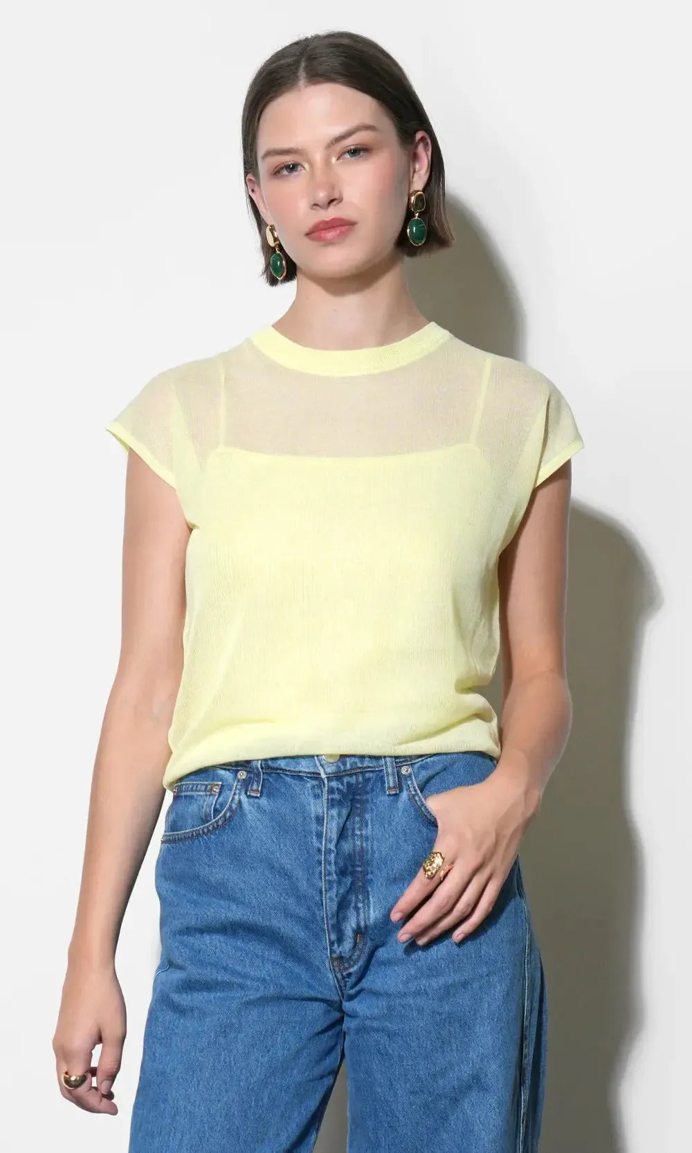 Greylin Natalia Sheer Bubble Sweater Top - Celestial Yellow-Hand In Pocket