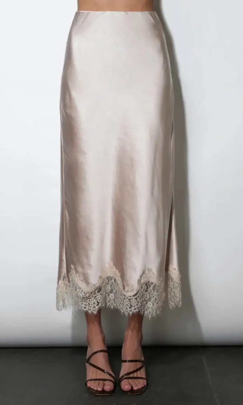 Greylin Nina Midi Lace Hem Slip Skirt - Taupe-Hand In Pocket