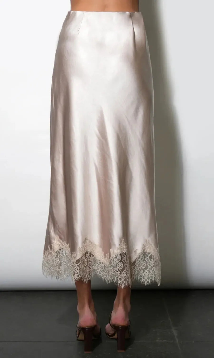 Greylin Nina Midi Lace Hem Slip Skirt - Taupe-Hand In Pocket