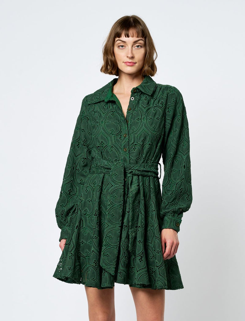 Ciebon Embroidered Lace Shirt Dress - Green-Hand In Pocket