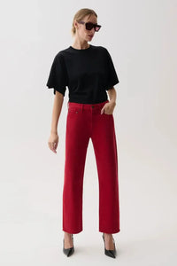 Pistola Lexi Mid Rise Bowed Straight Jean - Savvy Red-Hand In Pocket