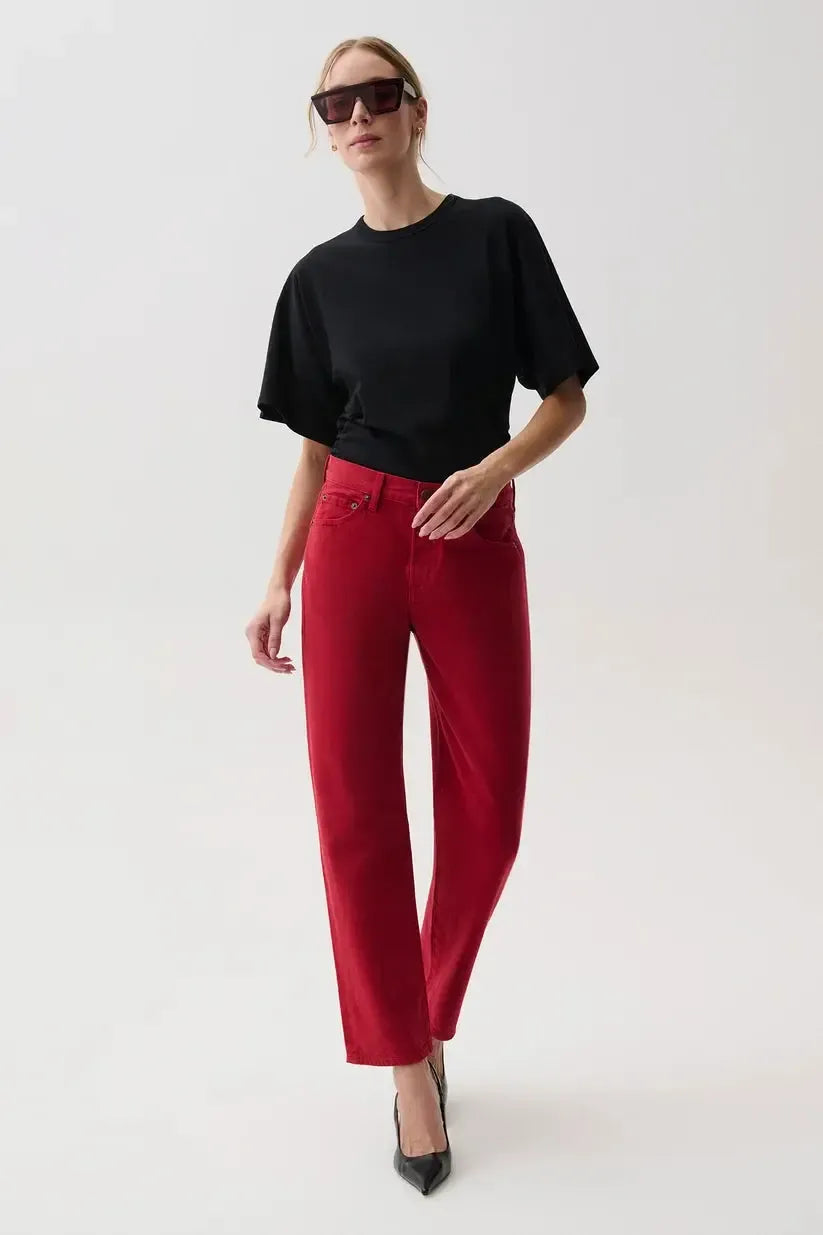 Pistola Lexi Mid Rise Bowed Straight Jean - Savvy Red-Hand In Pocket