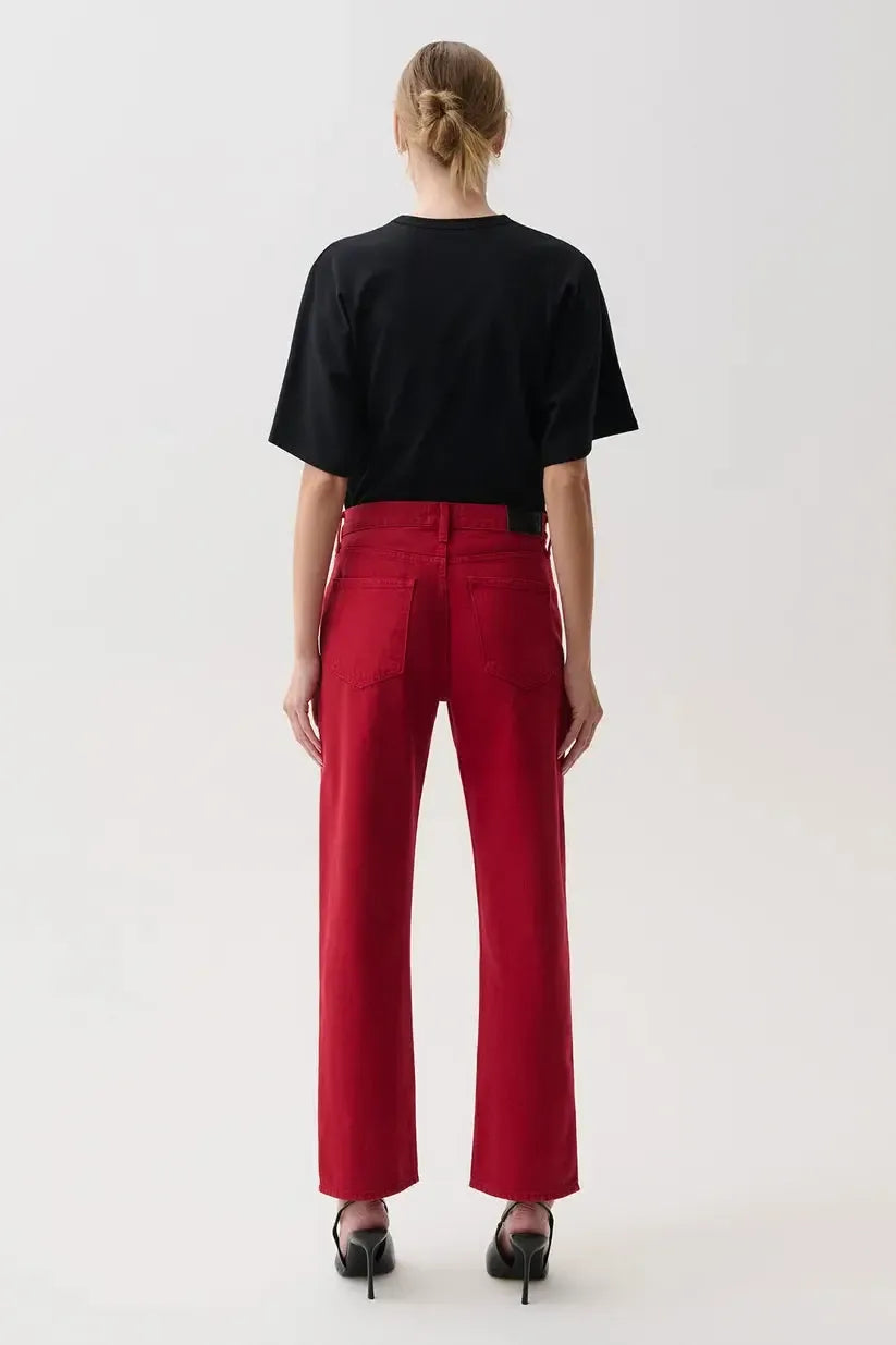 Pistola Lexi Mid Rise Bowed Straight Jean - Savvy Red-Hand In Pocket