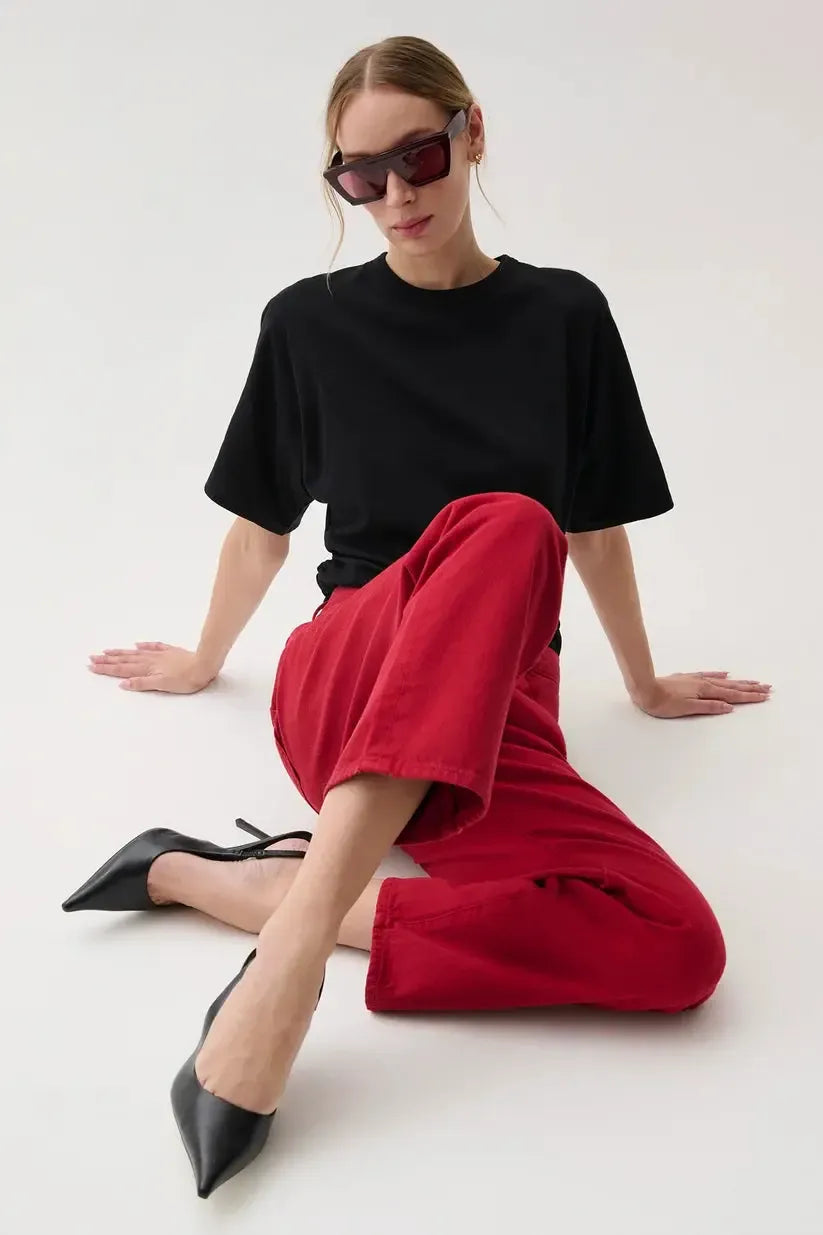 Pistola Lexi Mid Rise Bowed Straight Jean - Savvy Red-Hand In Pocket