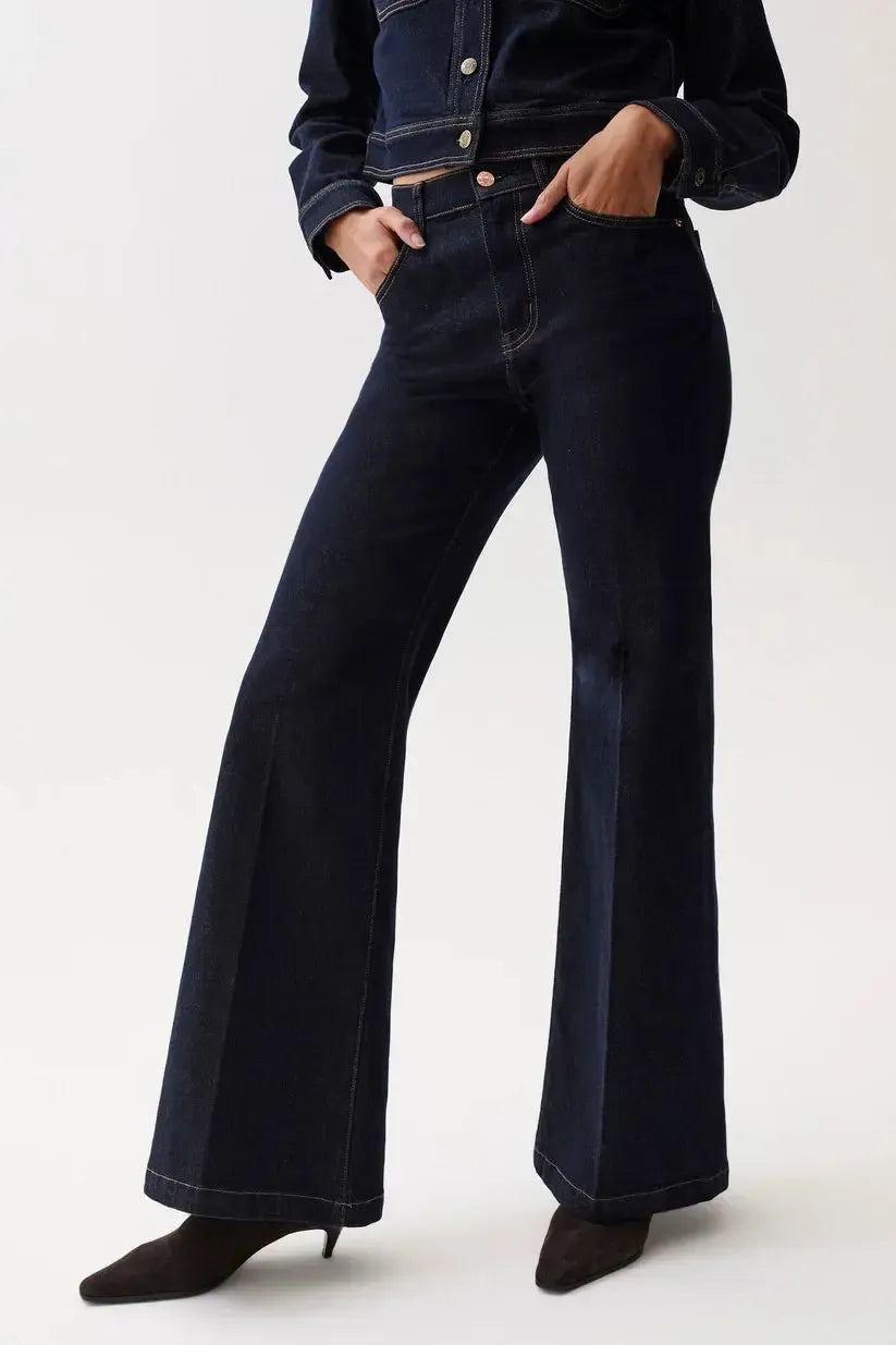 Pistola Carina High Rise Super Wide Flare Jean - Nightfall-Hand In Pocket