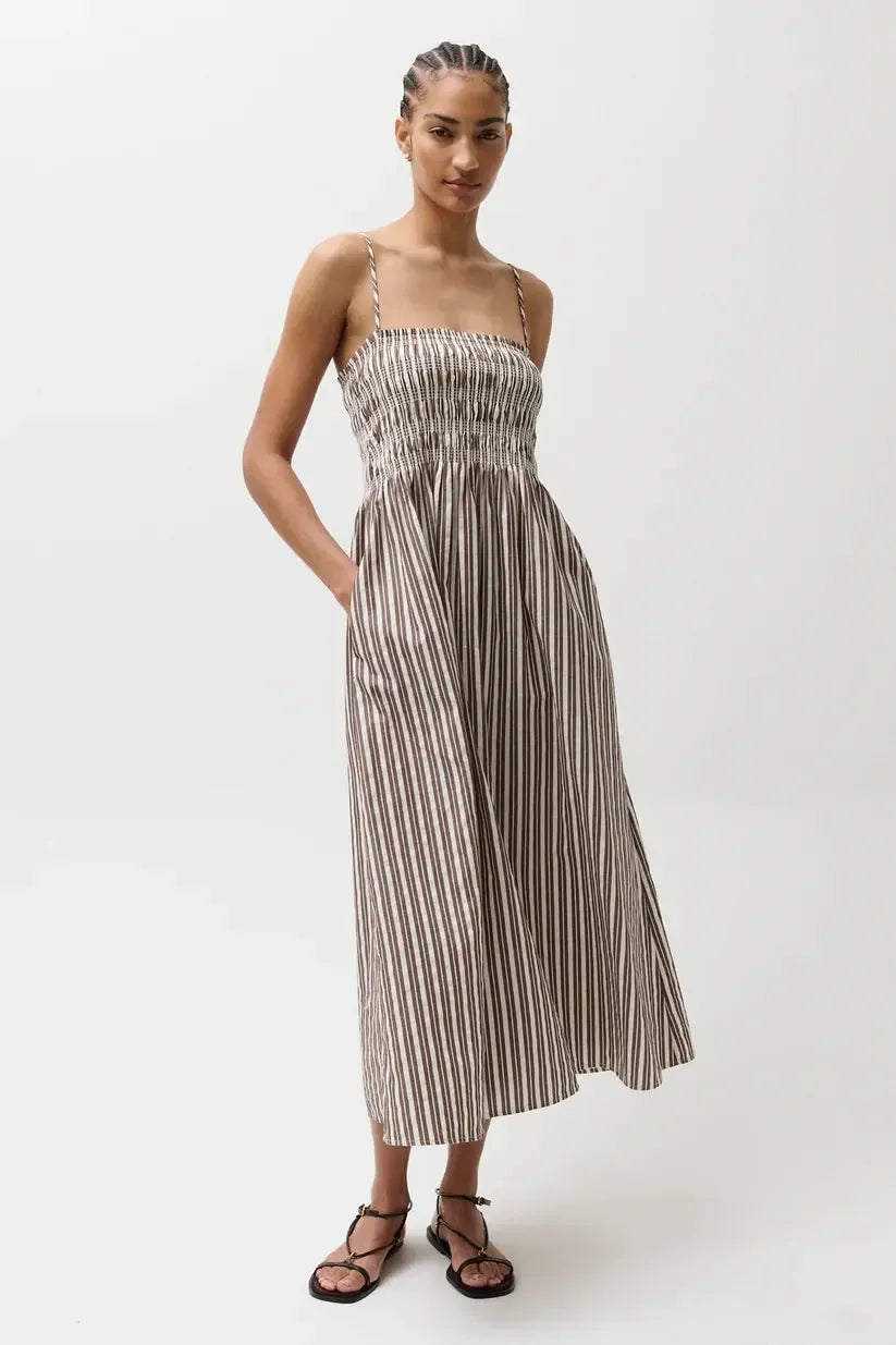 Pistola Bianca Shirred Bodice Dress - Java Stripe-Hand In Pocket