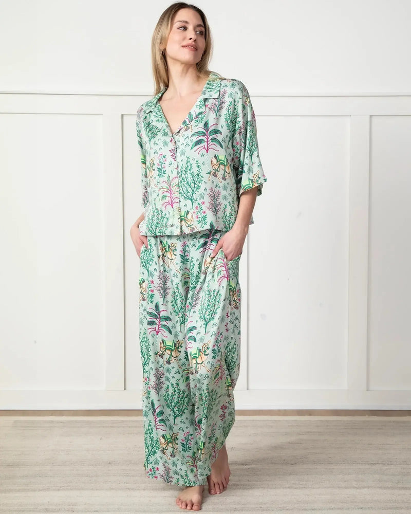 Print Fresh Camel’s Courtyard Satin Set- Avo-Hand In Pocket