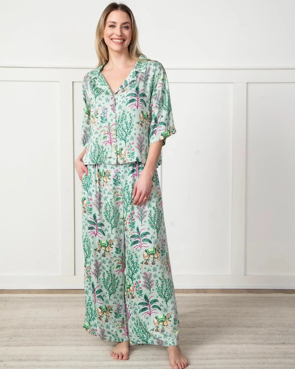 Print Fresh Camel’s Courtyard Satin Set- Avo-Hand In Pocket