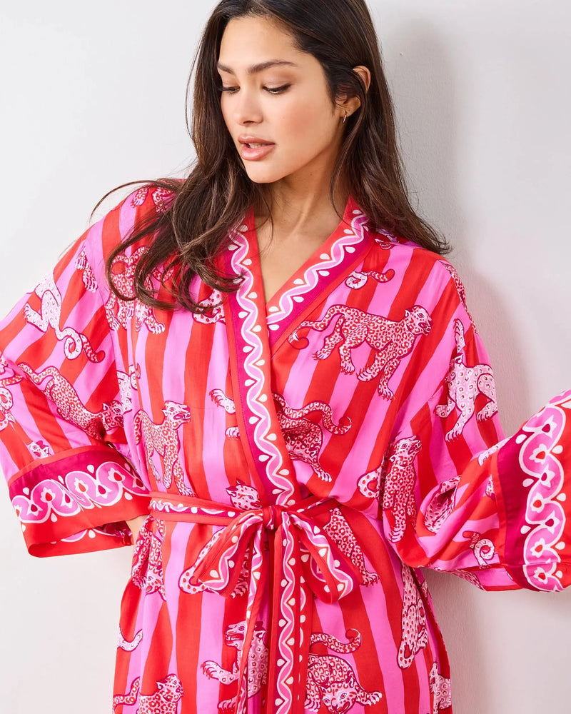 Print Fresh Leopard Stripes Robe- Pink Cabana-Hand In Pocket