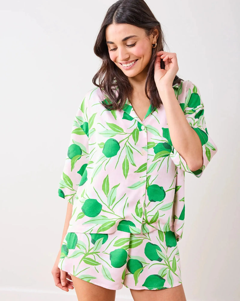 Print Fresh Lime Zest Satin Short Set- Pink Salt-Hand In Pocket