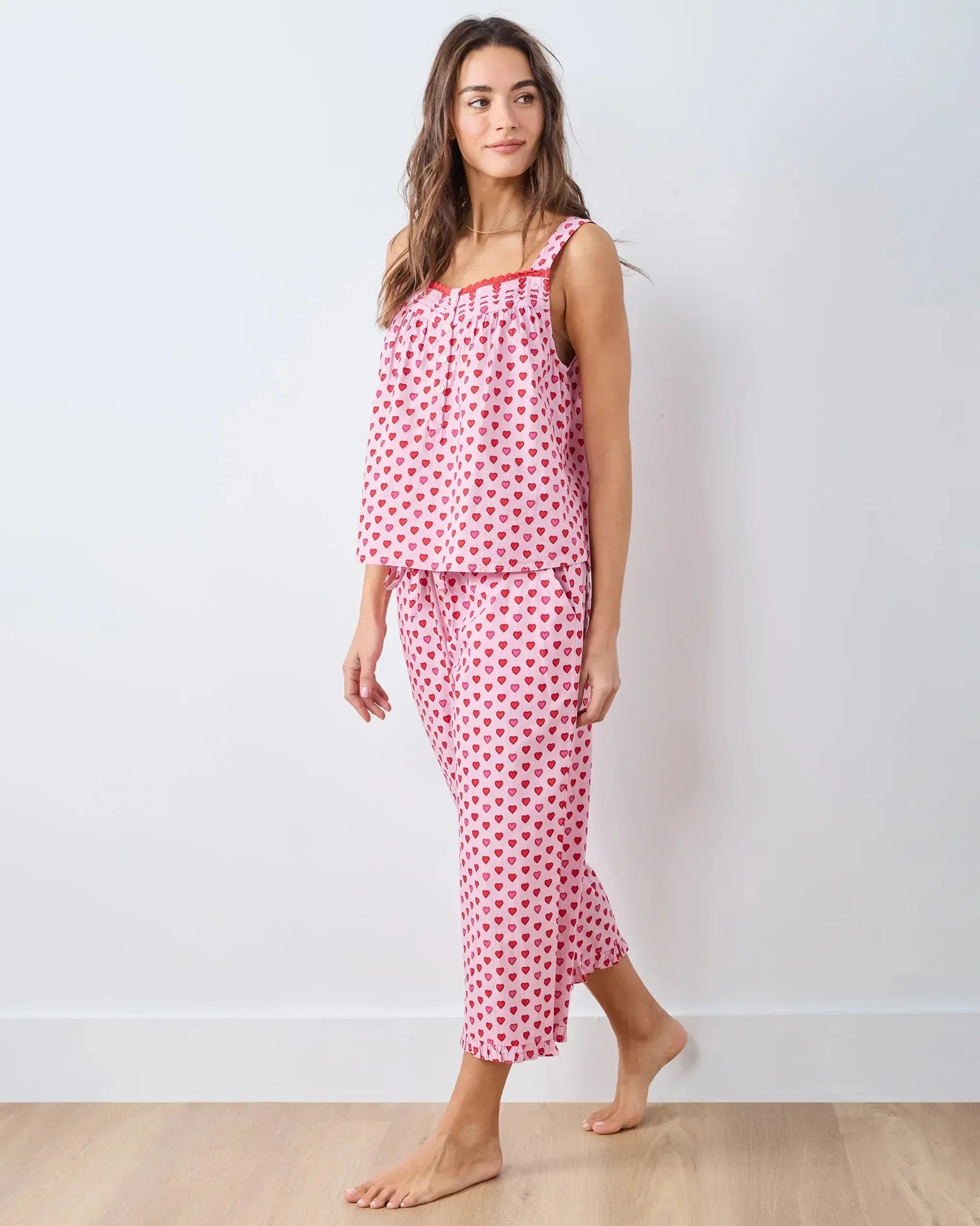 Print Fresh Back To Bed Cropped Set- Pink Macaroon-Hand In Pocket