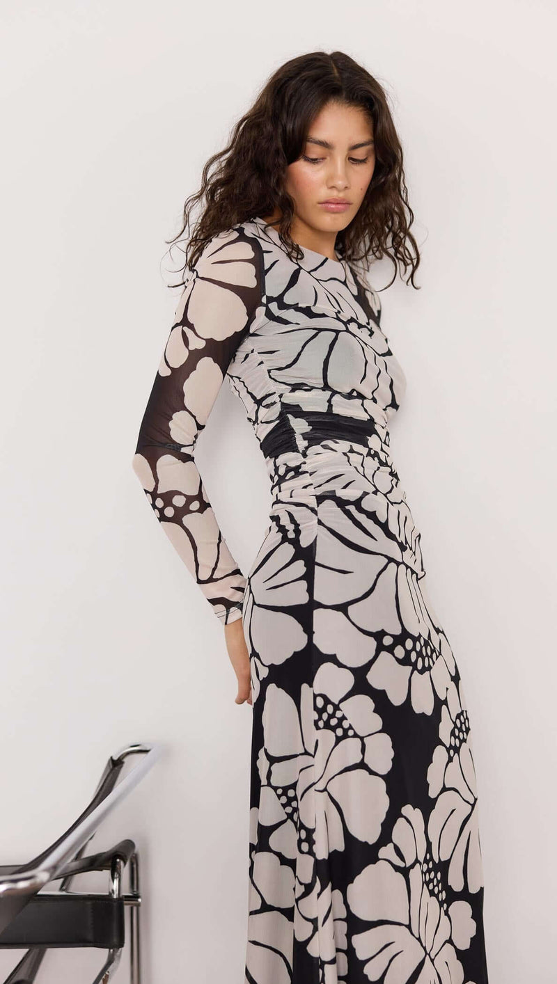 Persephone Mesh Maxi Dress - Black & White Floral-Hand In Pocket
