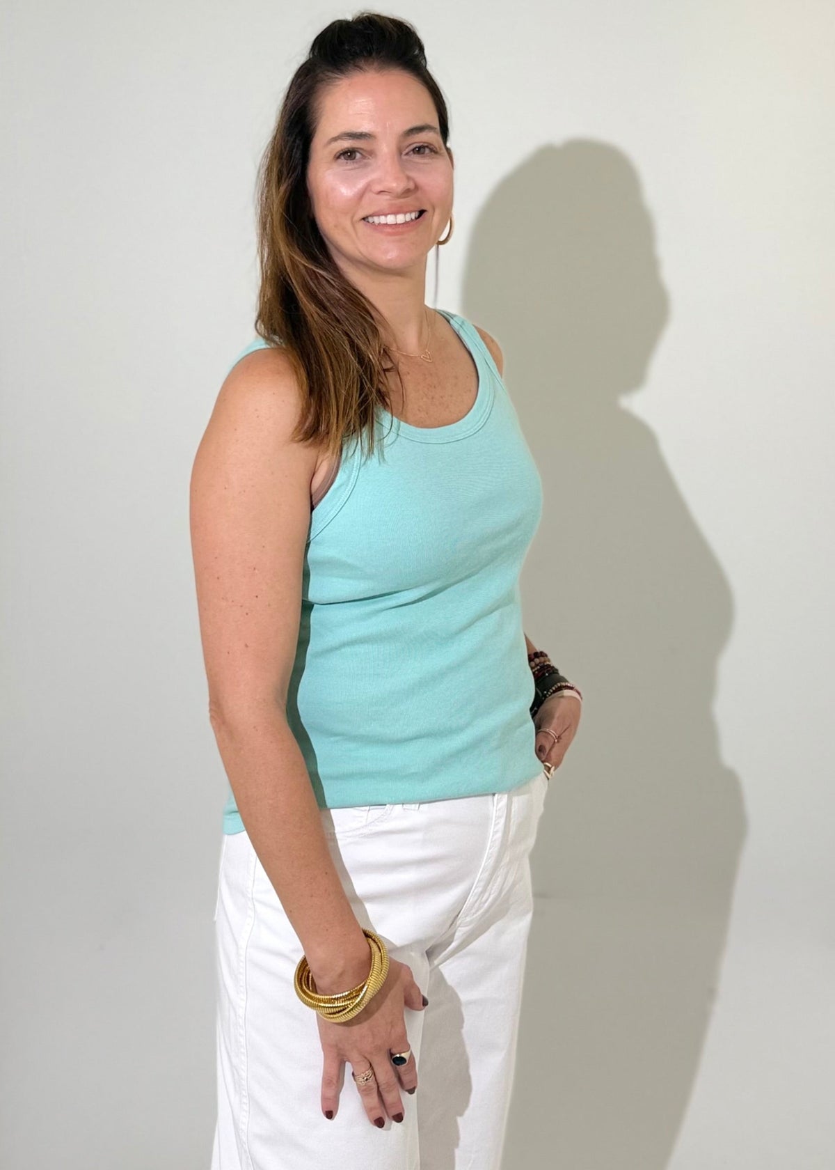 Michael Stars Cassie Thin Banded Tank- Serene-Hand In Pocket