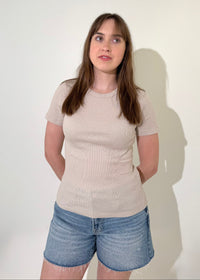 Michael Stars Lani Crew Tee- Cement-Hand In Pocket