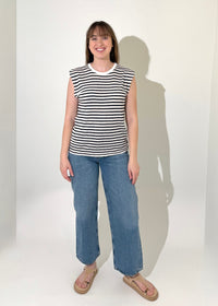 Bobi Sleeveless Crewneck Tee- Navy Stripe-Hand In Pocket