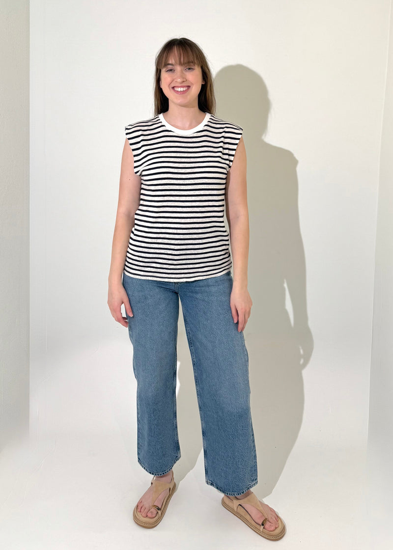 Bobi Sleeveless Crewneck Tee- Navy Stripe-Hand In Pocket