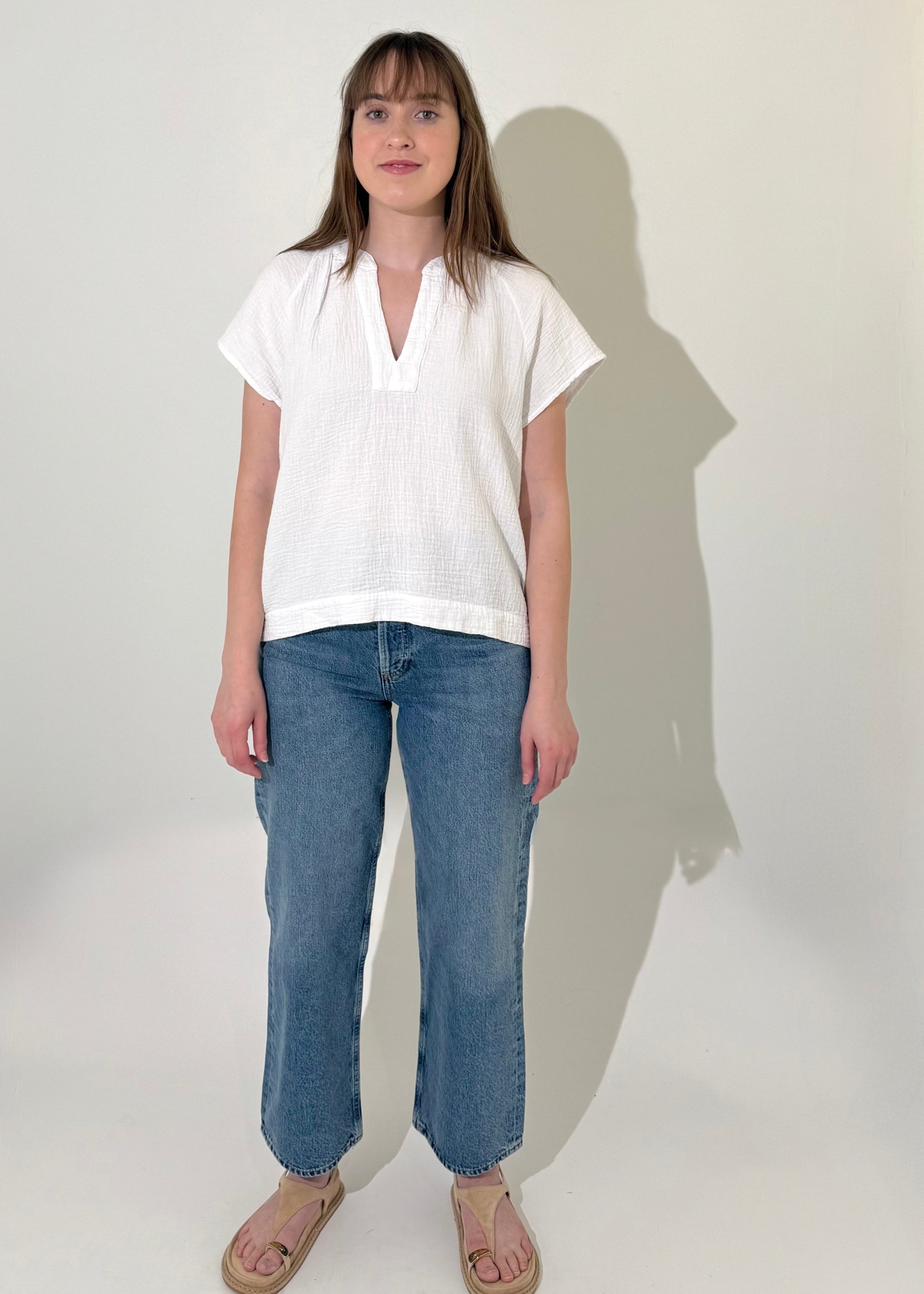 Bobi Raglan Flutter Sleeve Top- White-Hand In Pocket