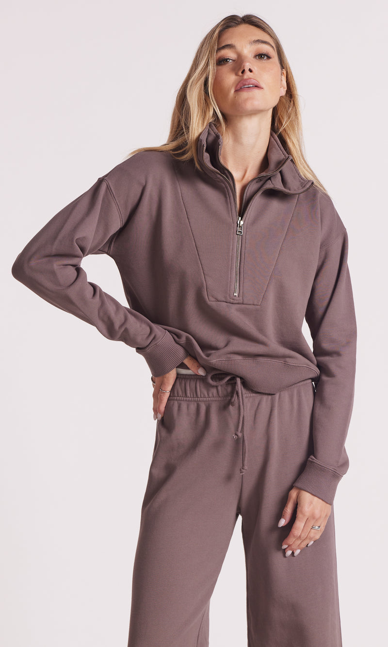 Bobi Double ZIP Funnel Neck Pullover - Bistro-Hand In Pocket