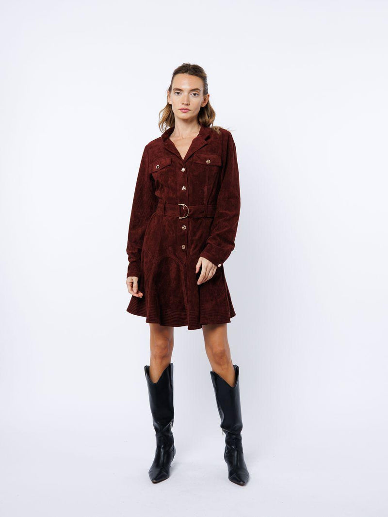 Ciebon Laurie Belted Mini Dress - Brown Wine-Hand In Pocket
