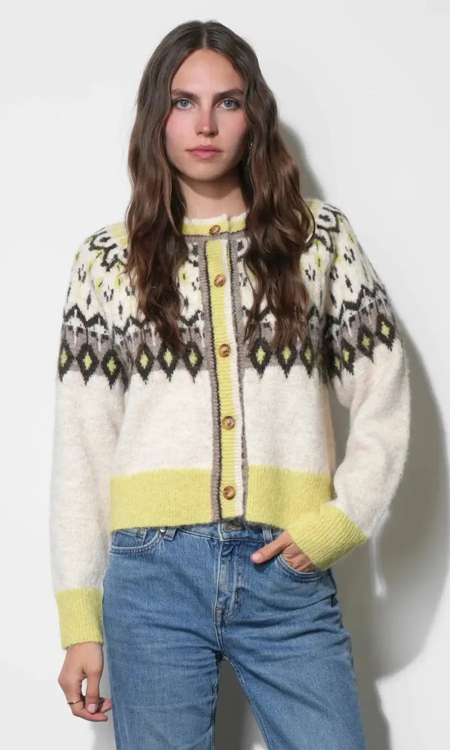 Greylin Quinn Fair Isle Cardigan - Oat/Lemon-Hand In Pocket