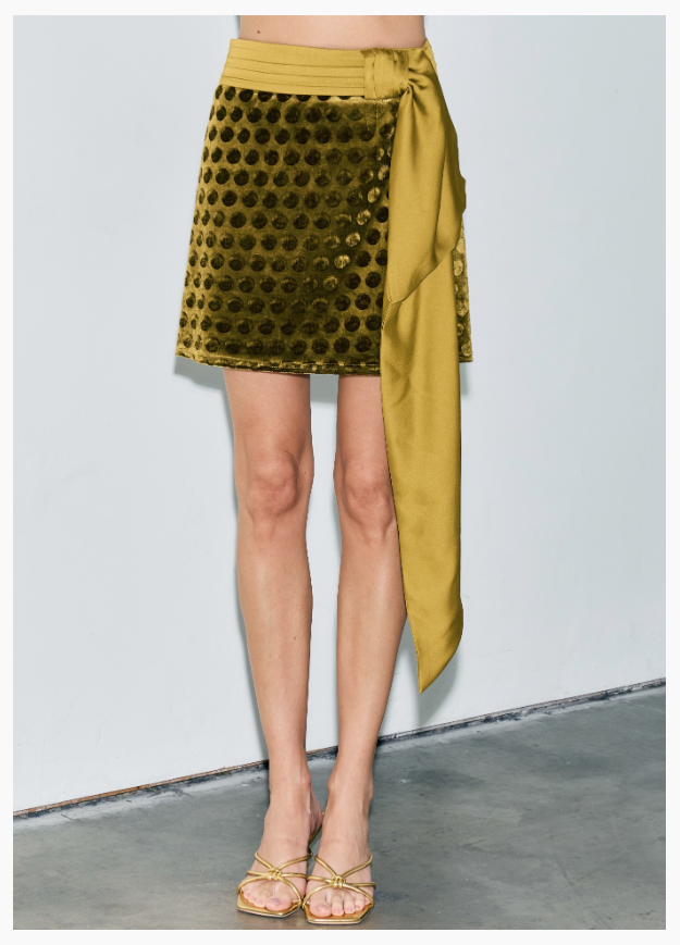 Ciebon Marla Polka Dot Velvet Mini Skirt - Gold Olive-Hand In Pocket
