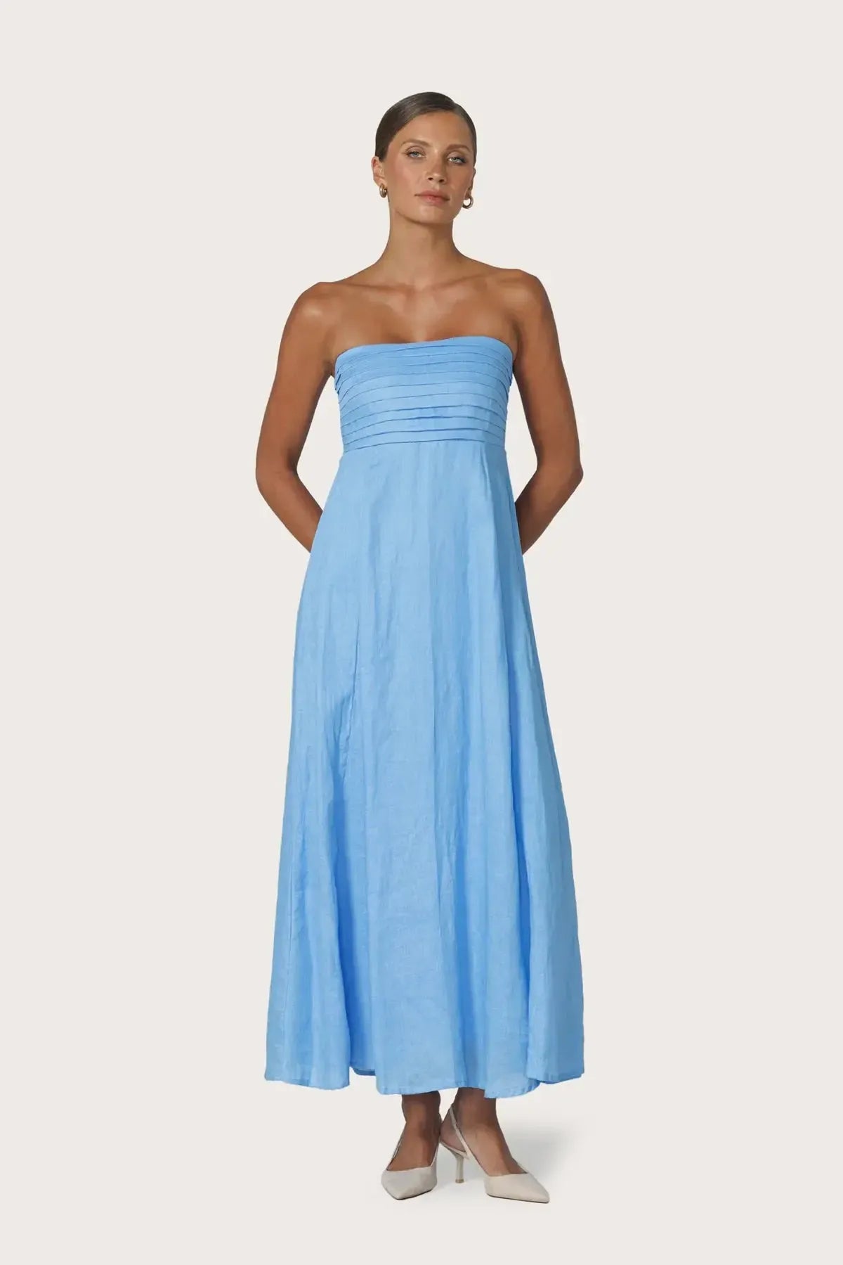 Lusana Talia Pintuck Linen Dress - Neu Bleu-Hand In Pocket