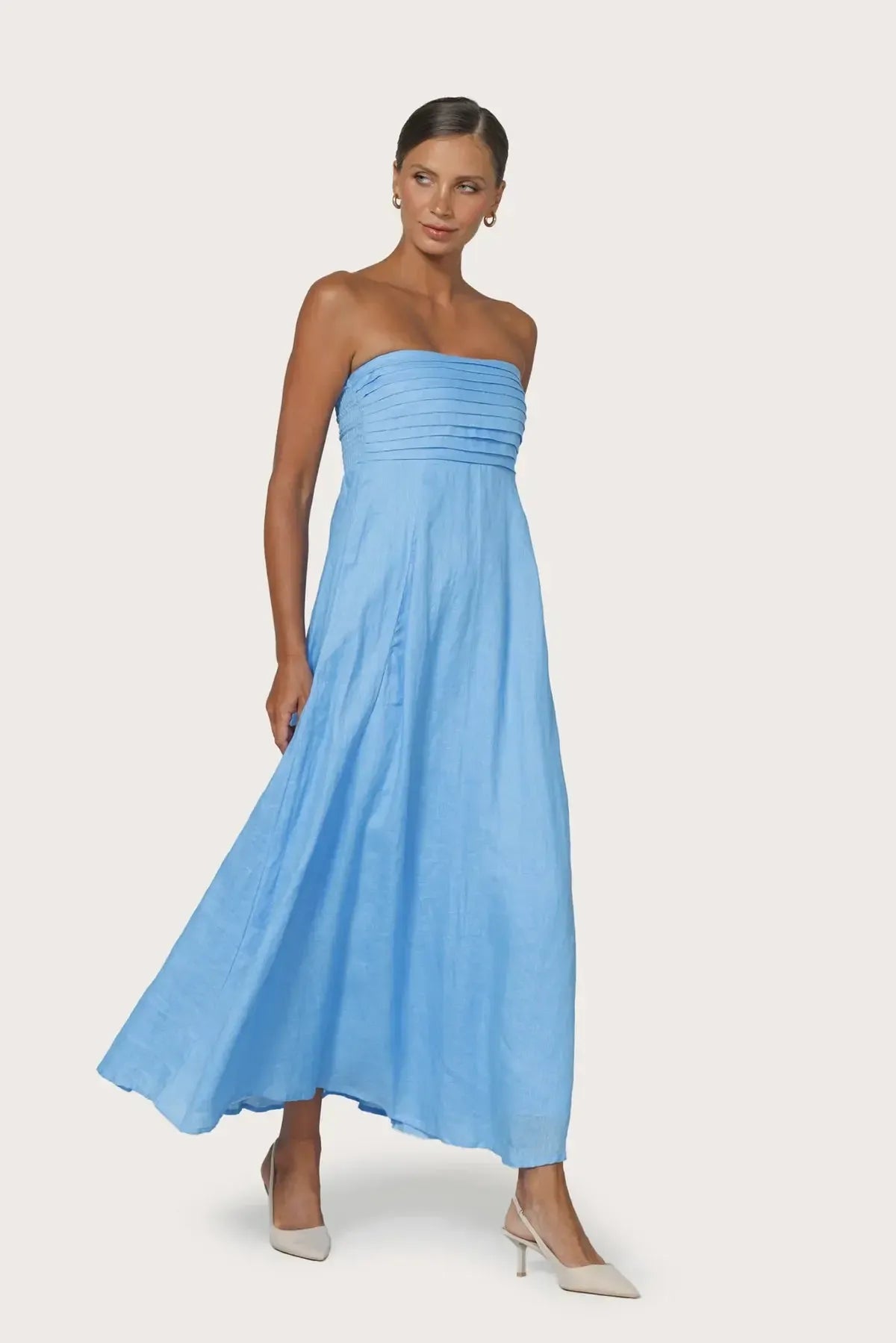 Lusana Talia Pintuck Linen Dress - Neu Bleu-Hand In Pocket
