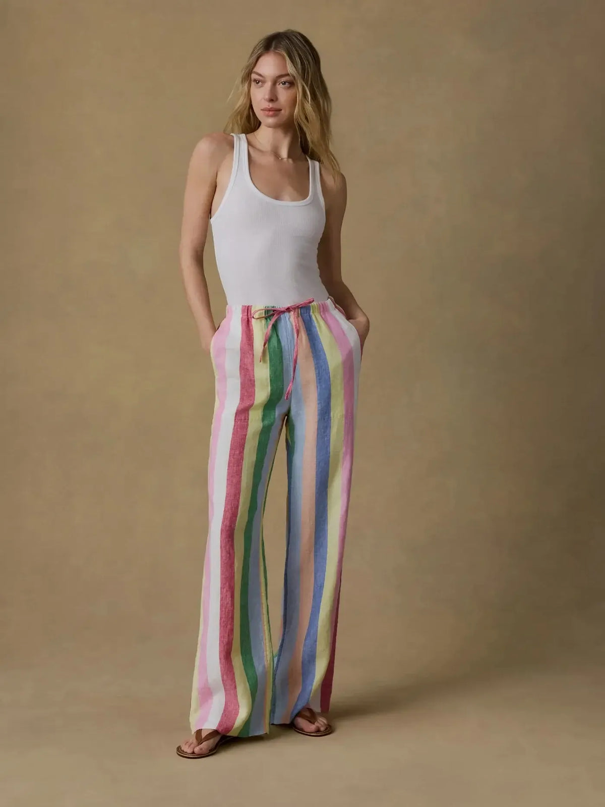 Faherty Laidback Linen Pant - Sunbeam Stripe-Hand In Pocket