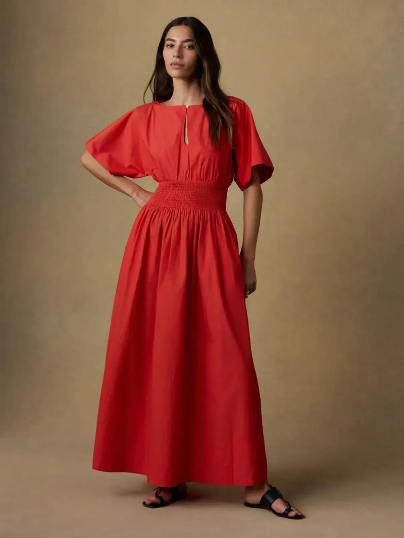 Faherty Coastal Poplin Elia Dress- Poppy-Hand In Pocket