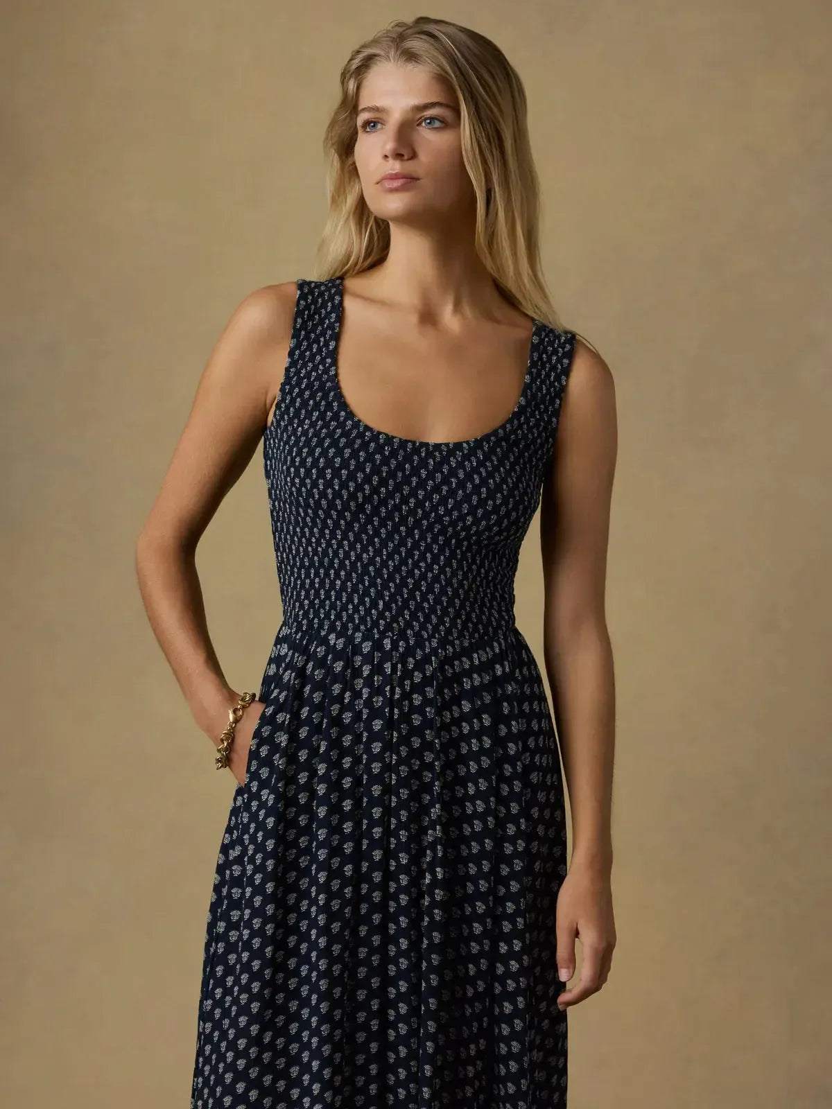 Faherty Sophia Smocked Dress- Navy-Hand In Pocket