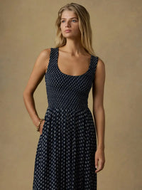 Faherty Sophia Smocked Dress- Navy-Hand In Pocket