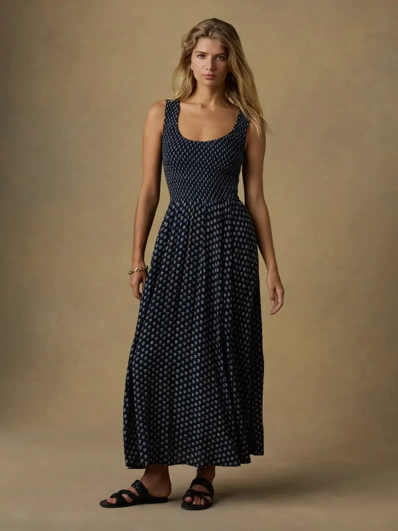 Faherty Sophia Smocked Dress- Navy-Hand In Pocket