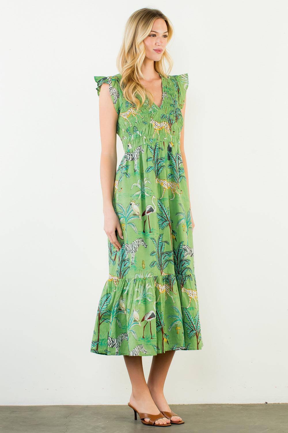THML Fran Animal Printed Maxi Dress - Green-Hand In Pocket