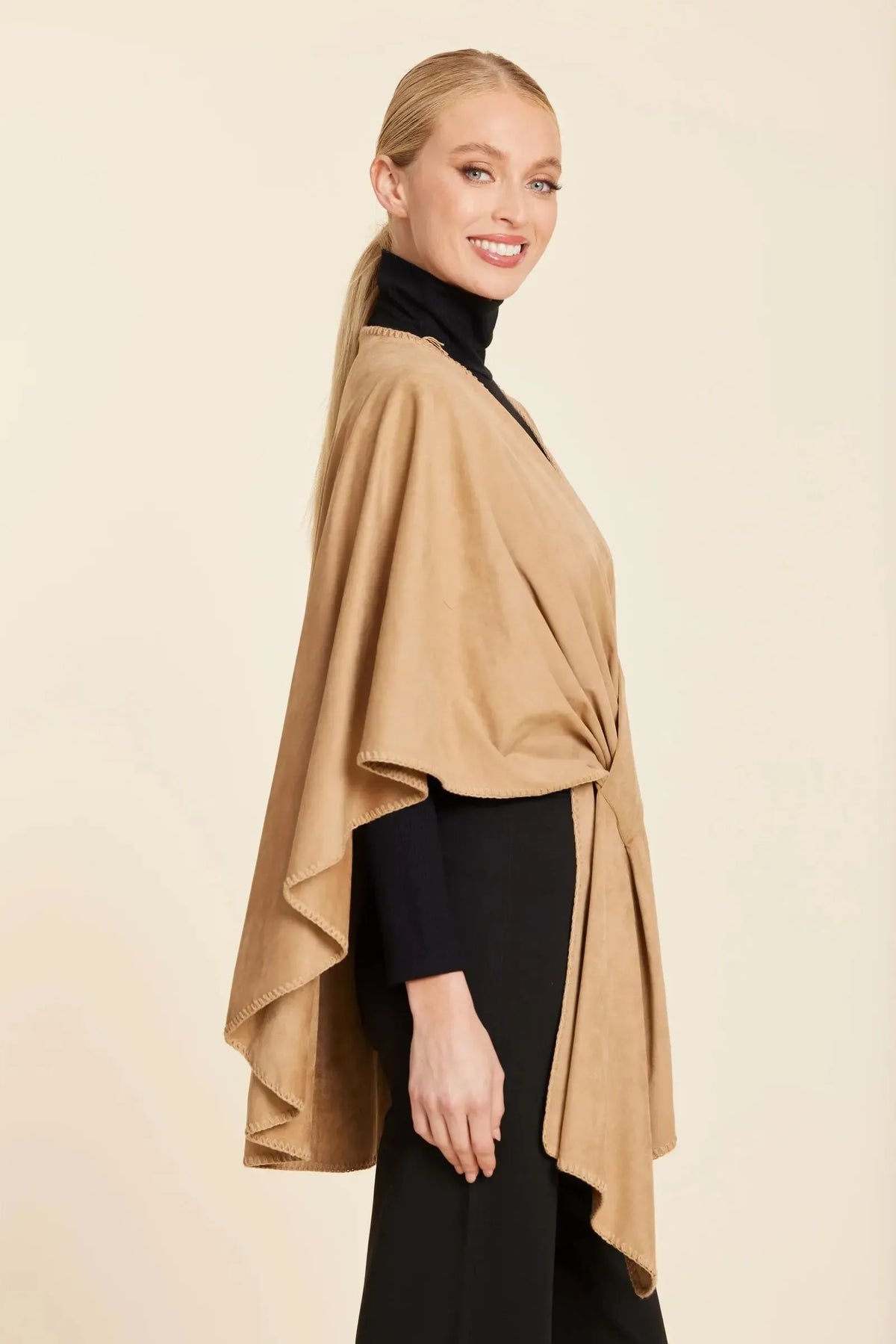 Dolce Cabo Faux Suede Whipstitch Wrap - Camel-Hand In Pocket